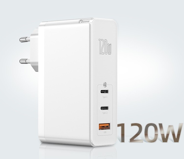 

Зарядное устройство Baseus GaN 120W Quick Charger 4.0/PD 3.0 + кабель USB-C 100W для MacBook/iPad/iPhone/Android white