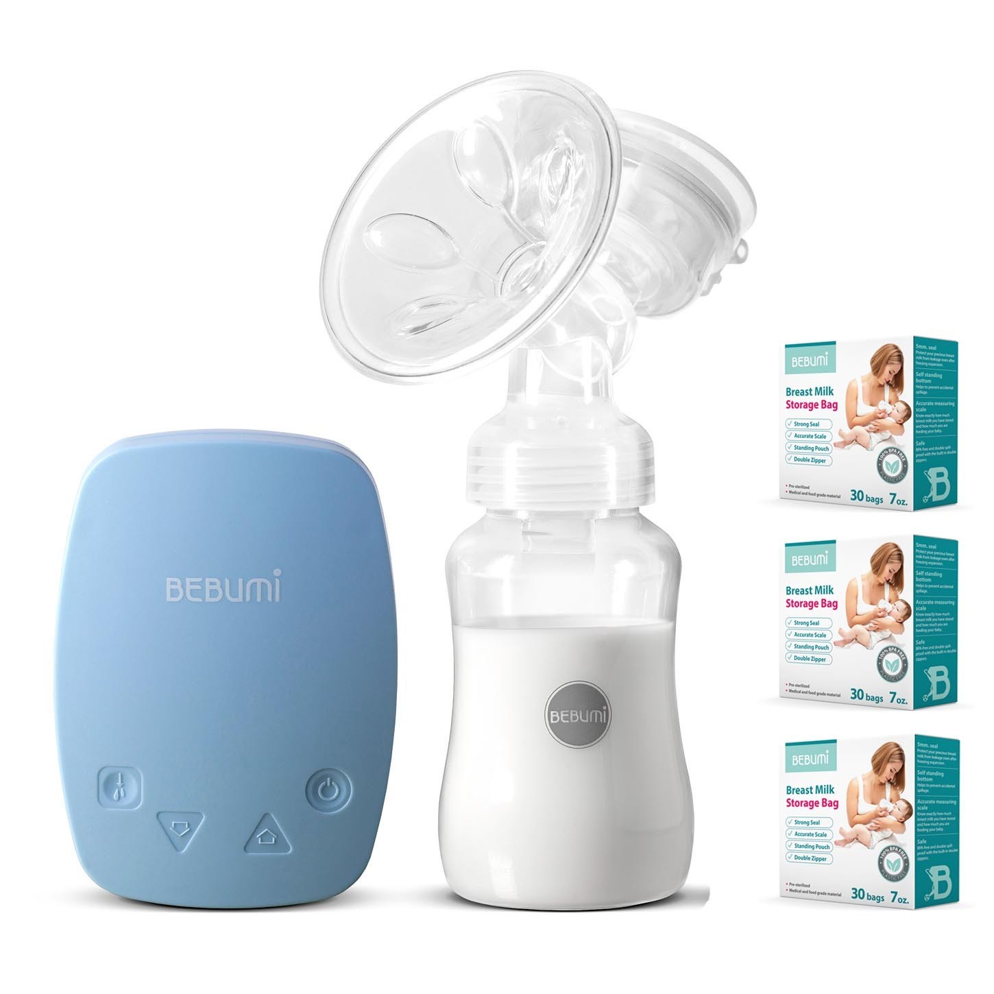

Электрический молокоотсос Bebumi BS Eco (C blue) с силиконовой соской + пакеты для хранения грудного молока Bebumi 90 штук