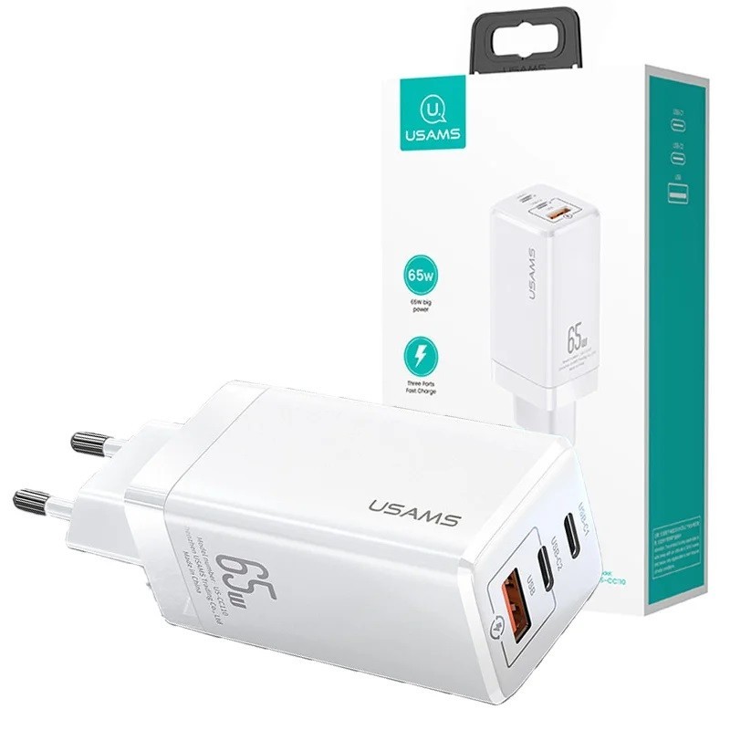 

Зарядное устройство Usams GaN Quick Charger 65W (2 Type-С+USB) для MacBook/iPad/iPhone/Android white