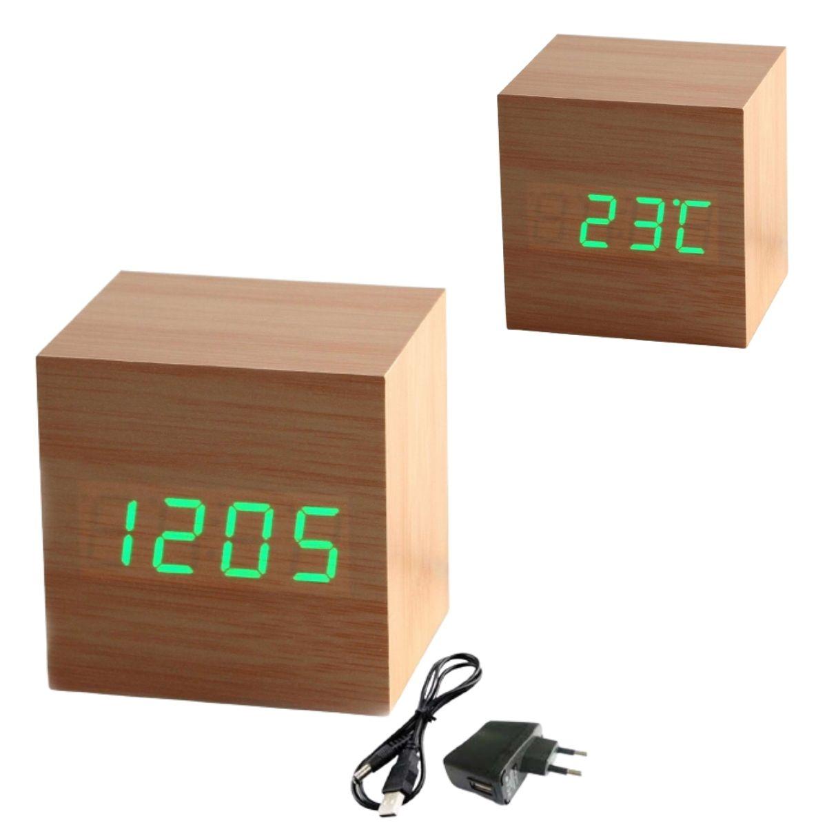 

Электронные настольные часы будильник KS wood clock green из дерева с подсветкой, термометром и адаптером