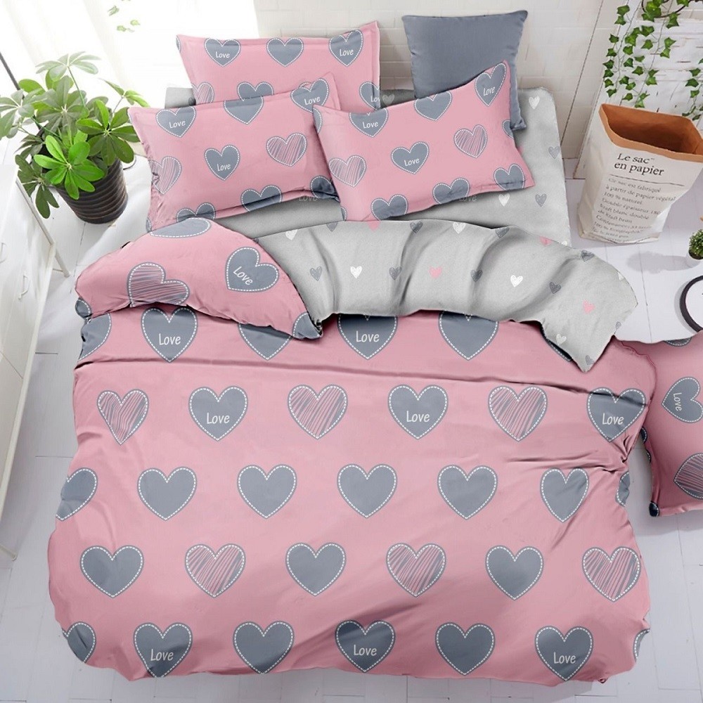 

Комплект постельного белья Сердечки серые на розовом LK 1.5-спальный 150х220 см Бязь Gold Lux (LK025-2)