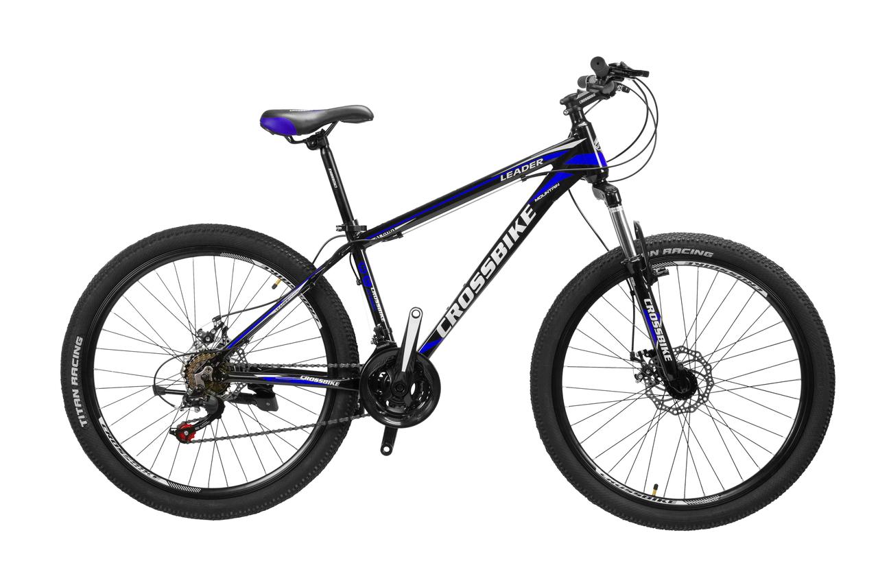 

Велосипед горный спортивный скоростной для взрослых CROSSBIKE LEADER 29" 21" 2021 черный с синим