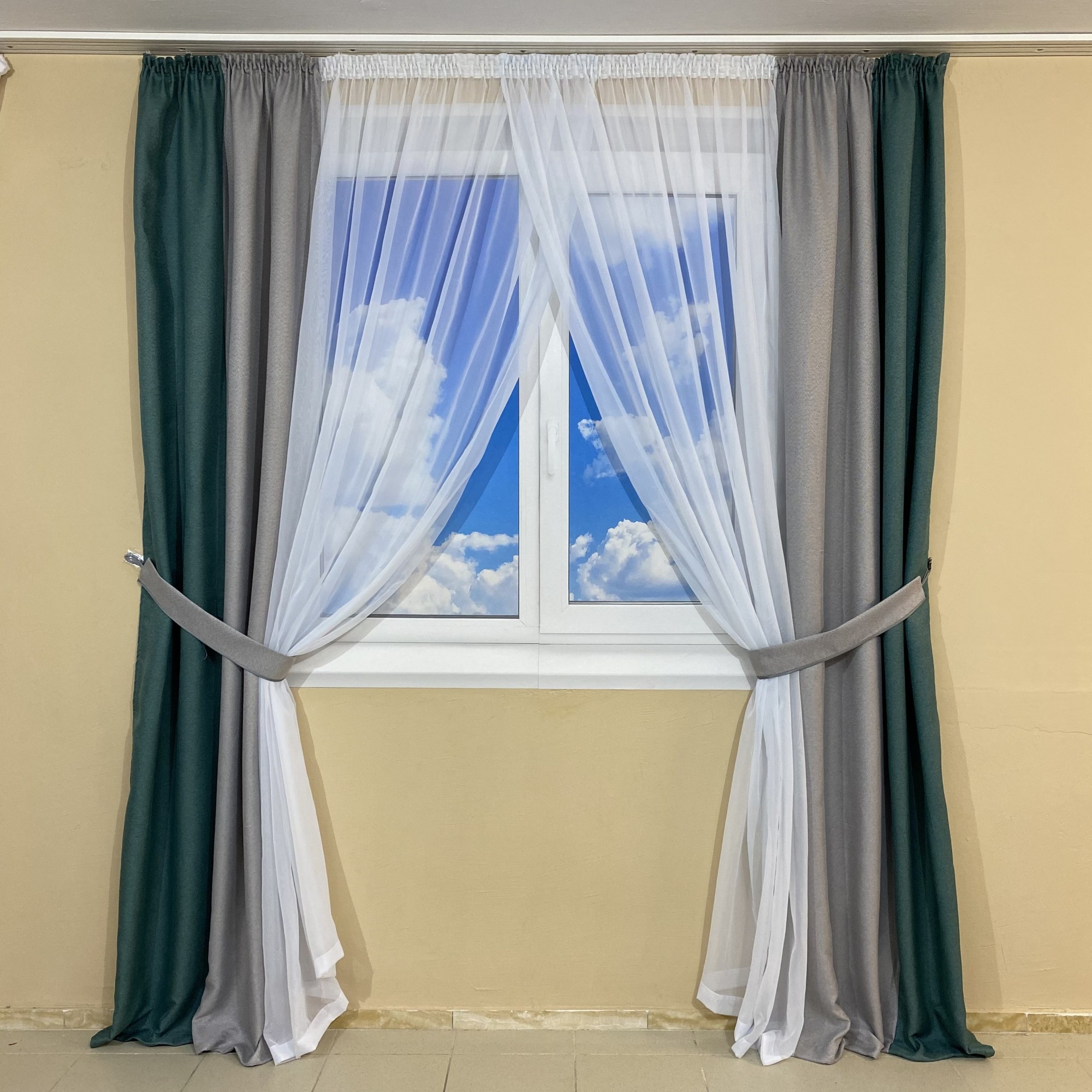 

Тюль-штора TG Home Трио №444 Бирюза+серый