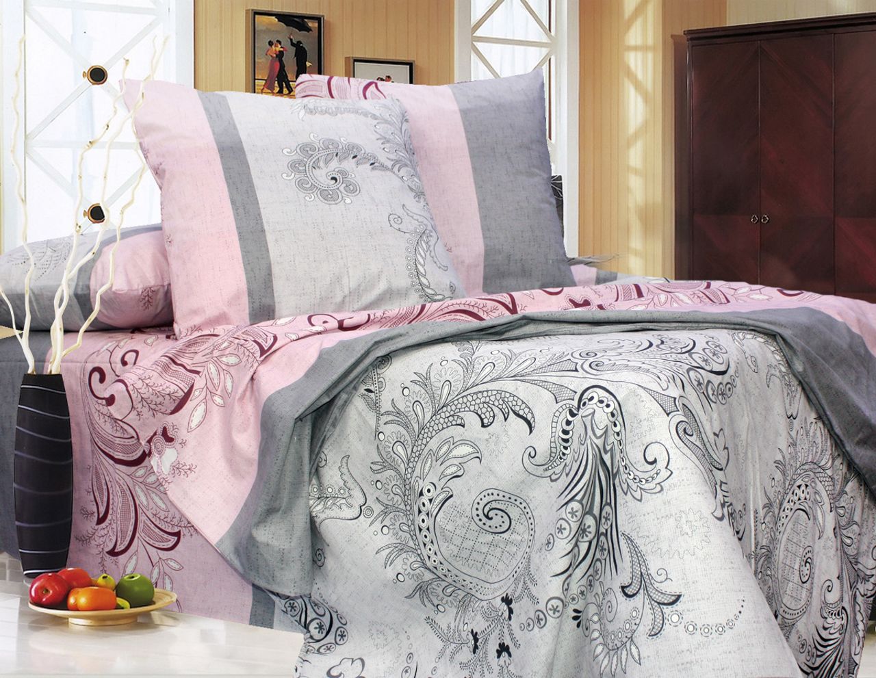 

Простынь на резинке Т0709 (220х240) Еней-Плюс, цвет: серый, розовый