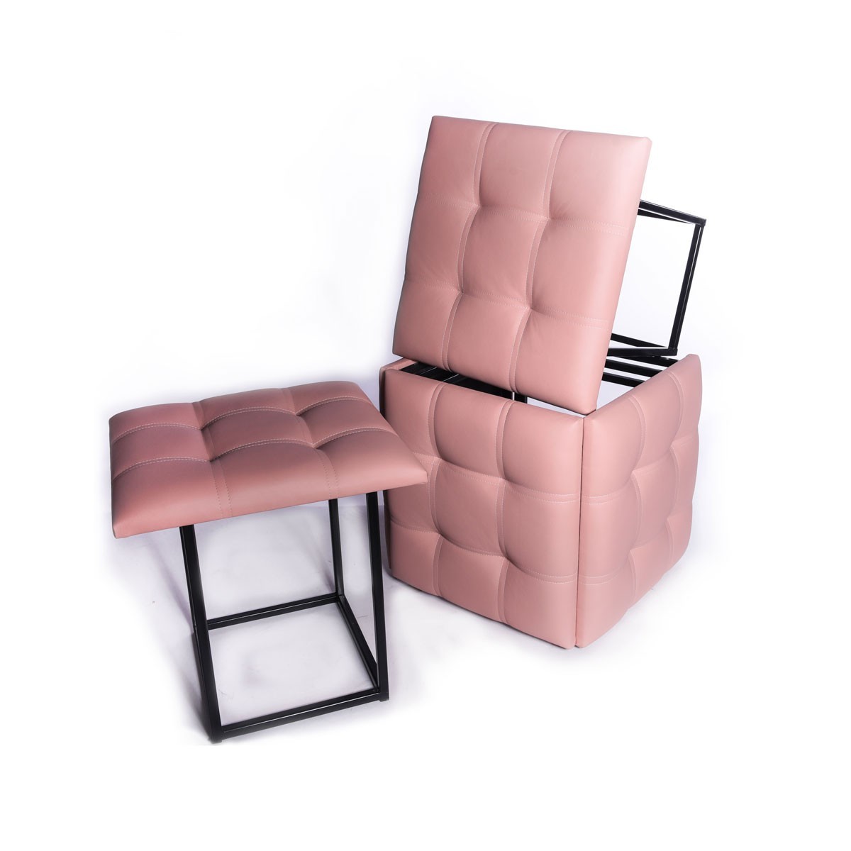 

Мягкий пуфик трансформер 5 в 1 DrevoGoods Eco в стиле Лофт 500х500х500 мм квадратный, раскладной; металл: Черный, эко кожа: Розовый + 5 табуреток