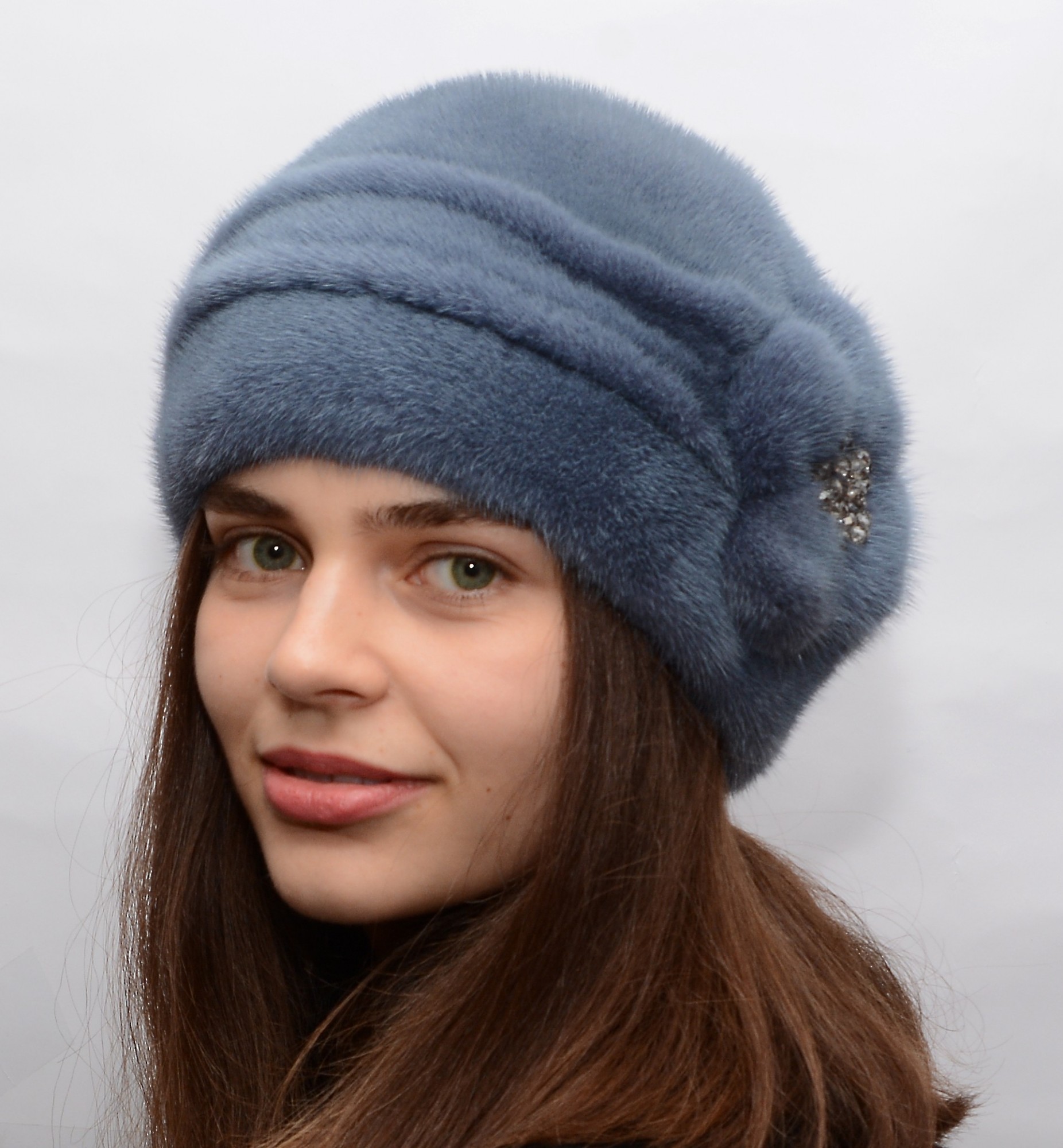 

Шапка норковая Меховой Стиль Шарик бусы 54/60 Джинс (044/D)