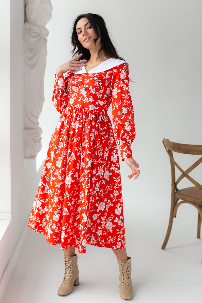 

Платье с большим воротником и цветочным принтом Ashilda - коралловый цвет, S