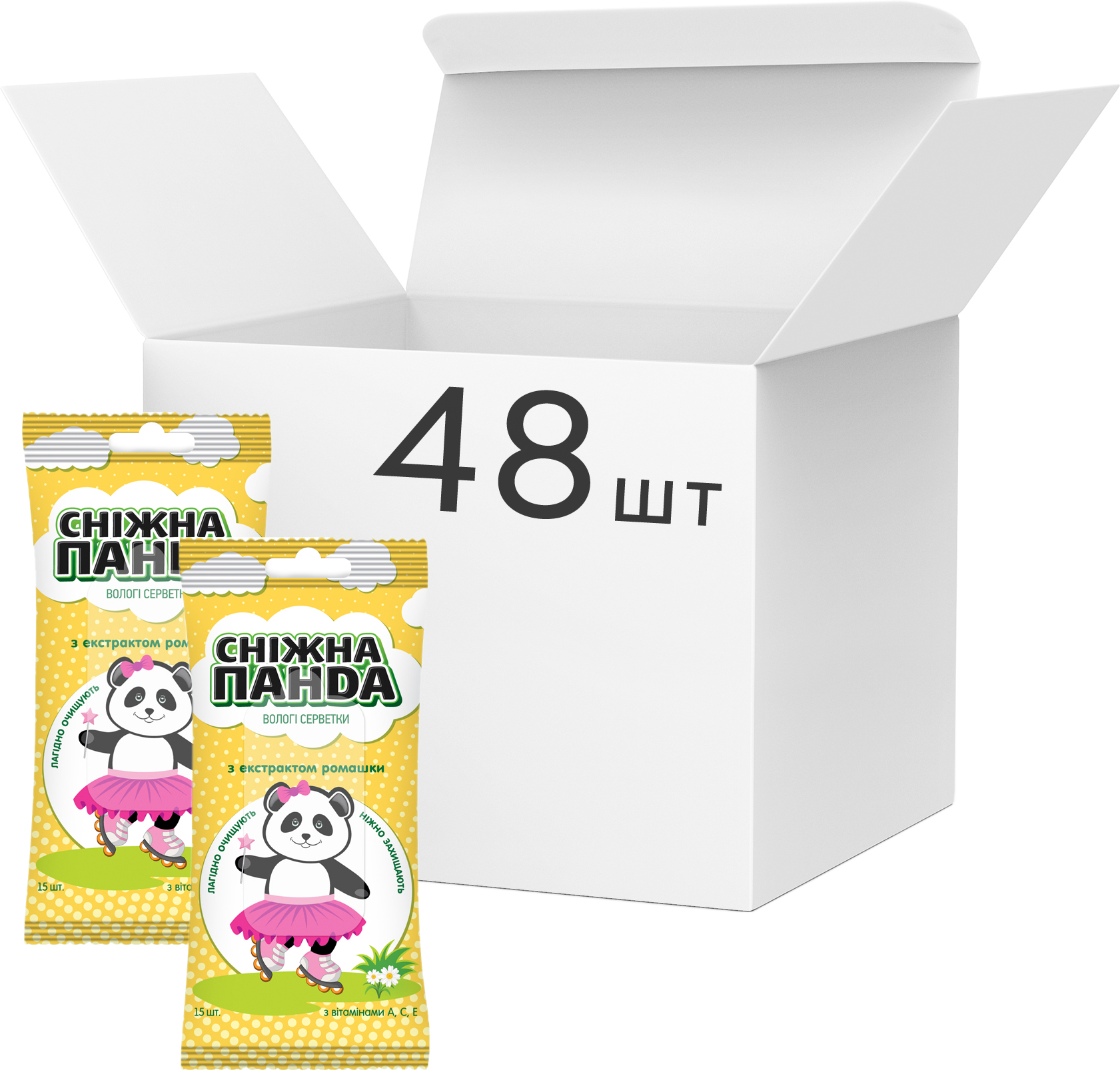 Акція на Упаковка салфеток влажных для рук Снежная Панда Ромашка Kids 48 пачек по 15 шт (4820183970510) від Rozetka UA