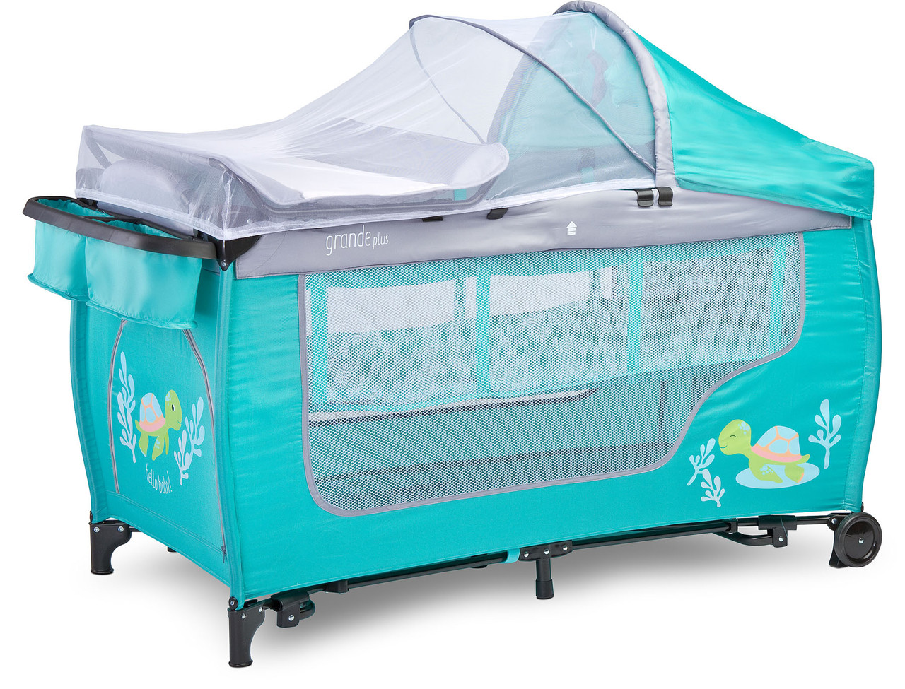 

Манеж-кроватка 2 в 1 Caretero Grande Plus Mint с пеленальным столиком, органайзером и козырьком с подвесными игрушками + москитная сетка