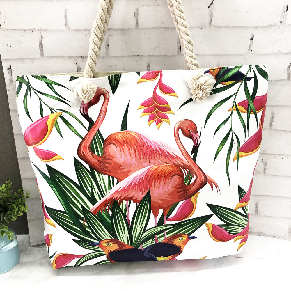 

Пляжная эко-сумка с принтом Flamingos (Фламинго) 43 x 33 x 12 см Бежевая