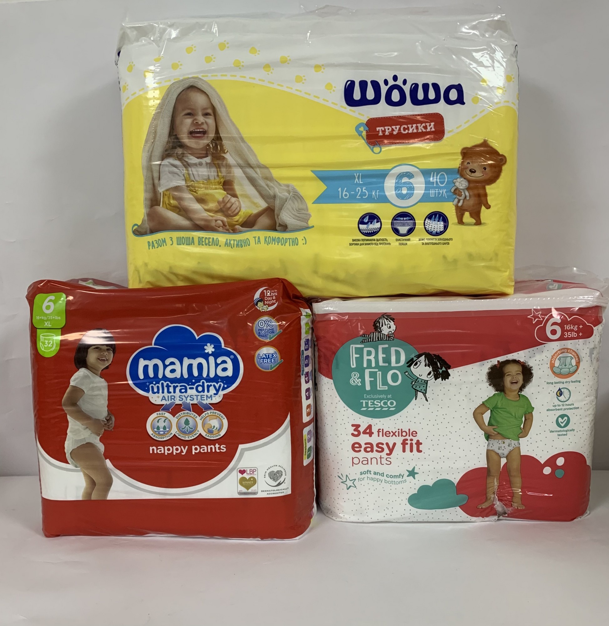 

Набір з 3 пачок підгузників-трусиків 6 розміру 106 штук ( Mamia, Fred&Flo, Шоша).