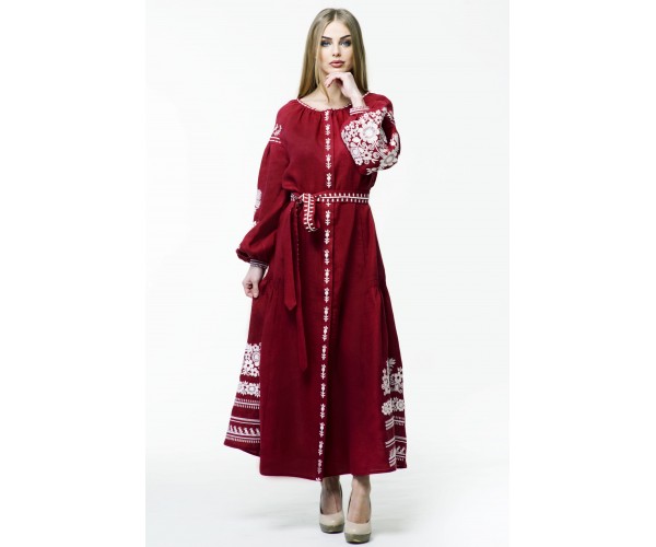 

Сукня Фолк мода вишита лляна (0026) XS темно-червона FO-0026