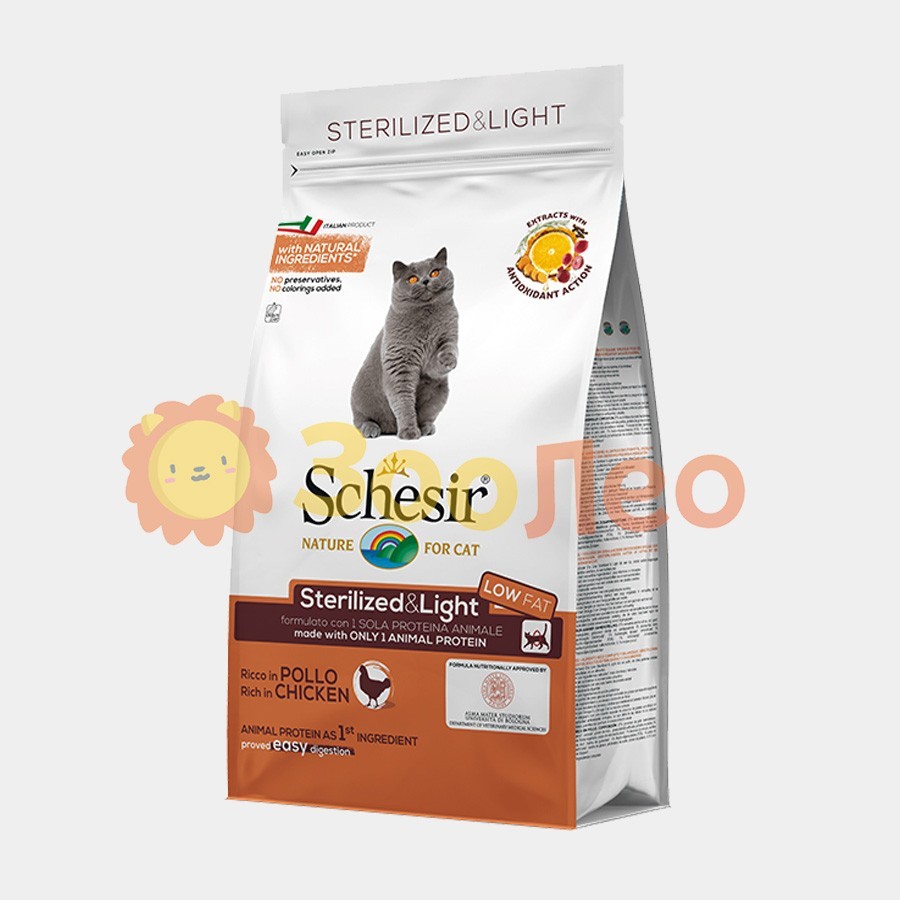 

Сухой монопротеиновый корм Schesir Cat Sterilized & Light для взрослых стерилизованных котов склонных к полноте с курицей 10 кг