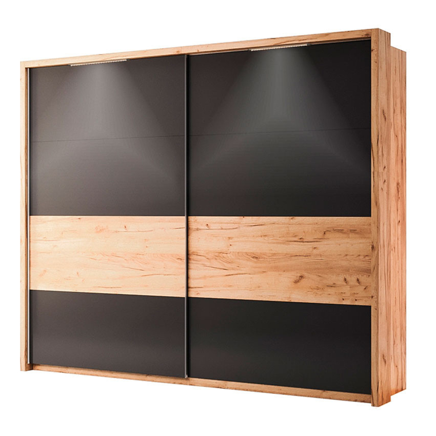 

Шкаф-купе в спальню, в прихожую из ЛДСП Рамона 2,5 RА-21-69-LV MiroMark дуб крафт/черный (с карнизом и подсветкой)