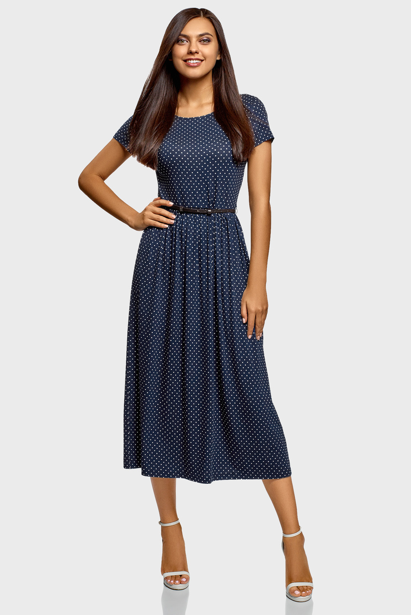 

Женское синее платье в горошек Oodji  14001232/49253/7912D, Женское синее платье в горошек Oodji XS 14001232/49253/7912D