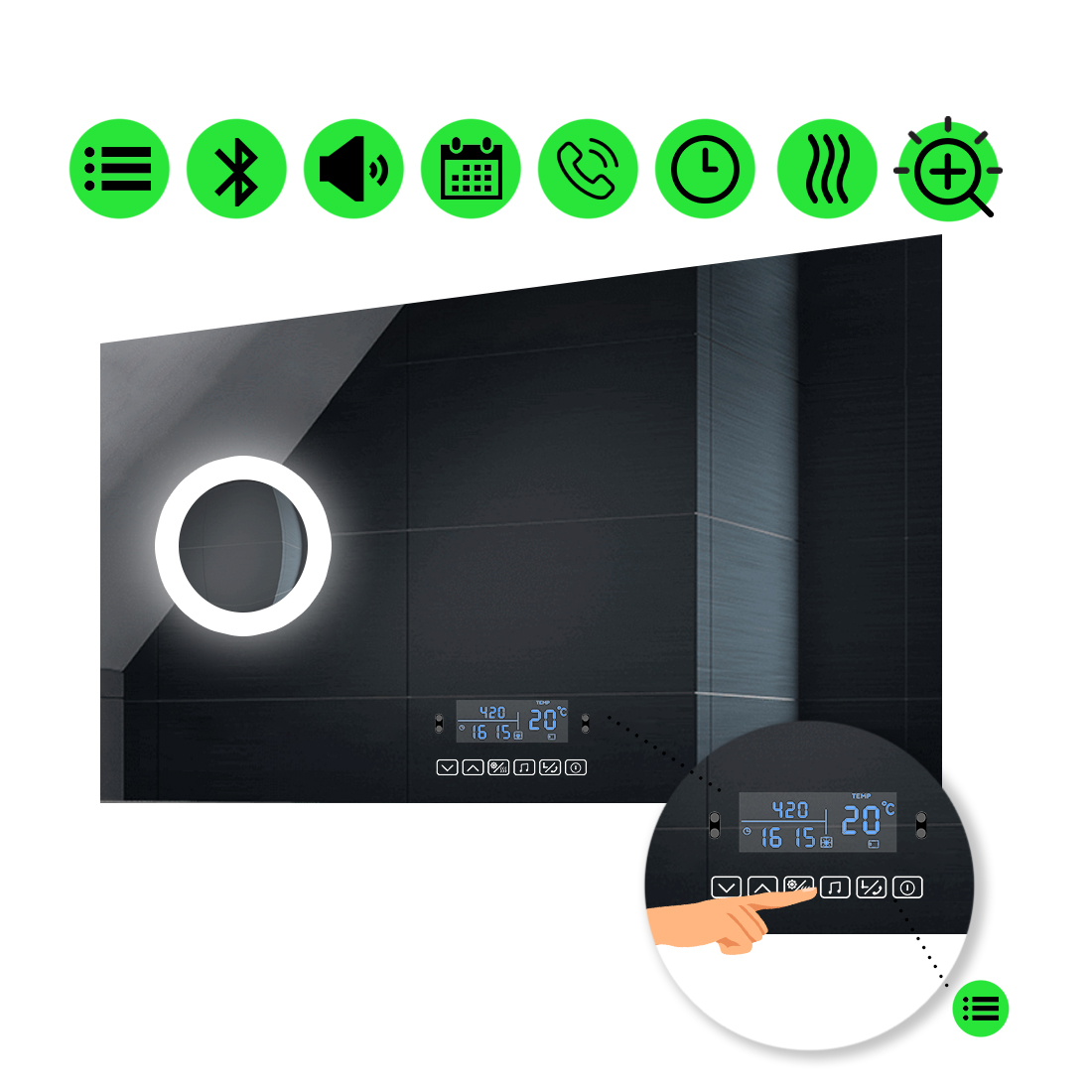 

Зеркало Lucia с Led-подсветкой, мультиблоком, линзой с подсветкою и подогревом 90x80 см