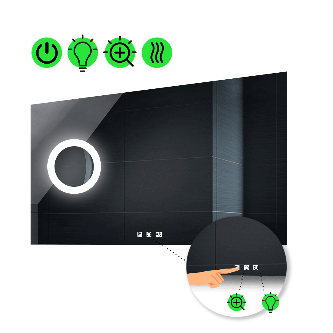 

Зеркало Lucia с Led-подсветкой, тремя сенсорами, подогревом, линзой с подсветкой 80x70 см