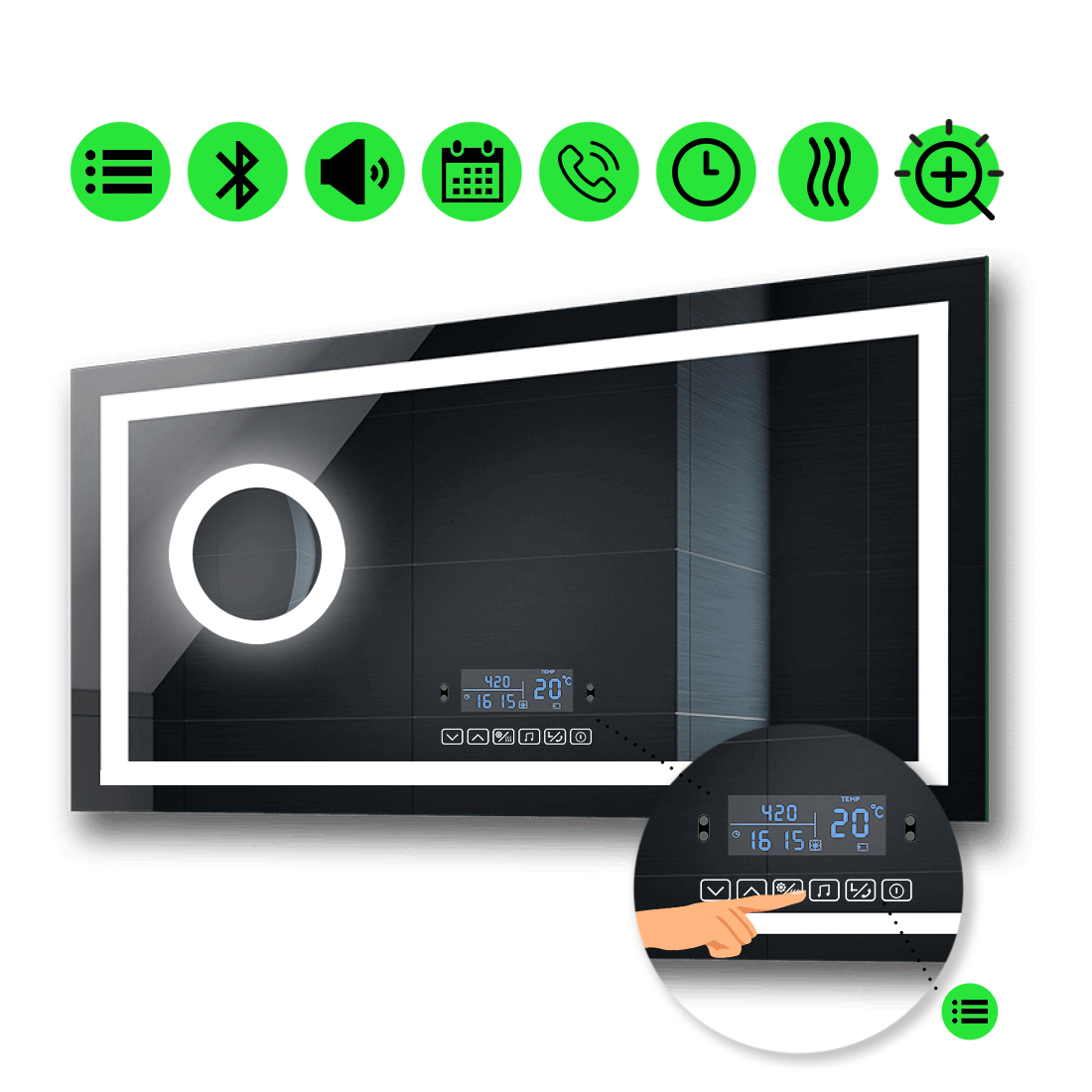 

Зеркало karnet с Led-подсветкой, мультиблоком, линзой с подсветкою и подогревом 140x100 см