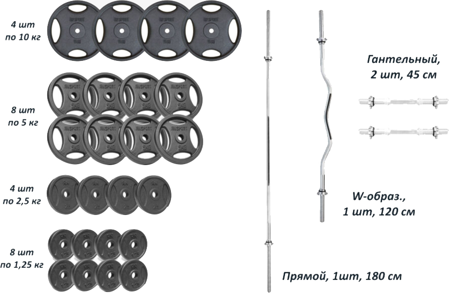 

Набор RN-Sport штанга с гантелями 4 грифа + 100 кг металлических дисков (RN-ch100)