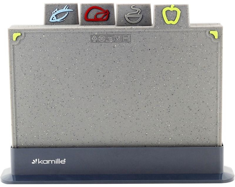 

Набор 4 разделочные доски Kamille 29x19.5x0.6см на компактной подставке, твердый пластик