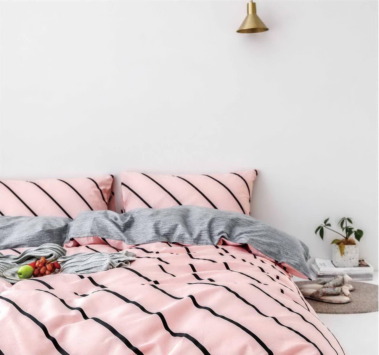 

Комплект постельного белья Qili Home Textile Сатин №Rsp1605R Двухспальный 180х215, Розовый с черным в полоску