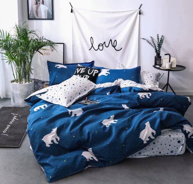 

Комплект постельного белья Qili Home Textile Софткоттон №3345895 Двухспальный 180х215, бело-синий с мишками