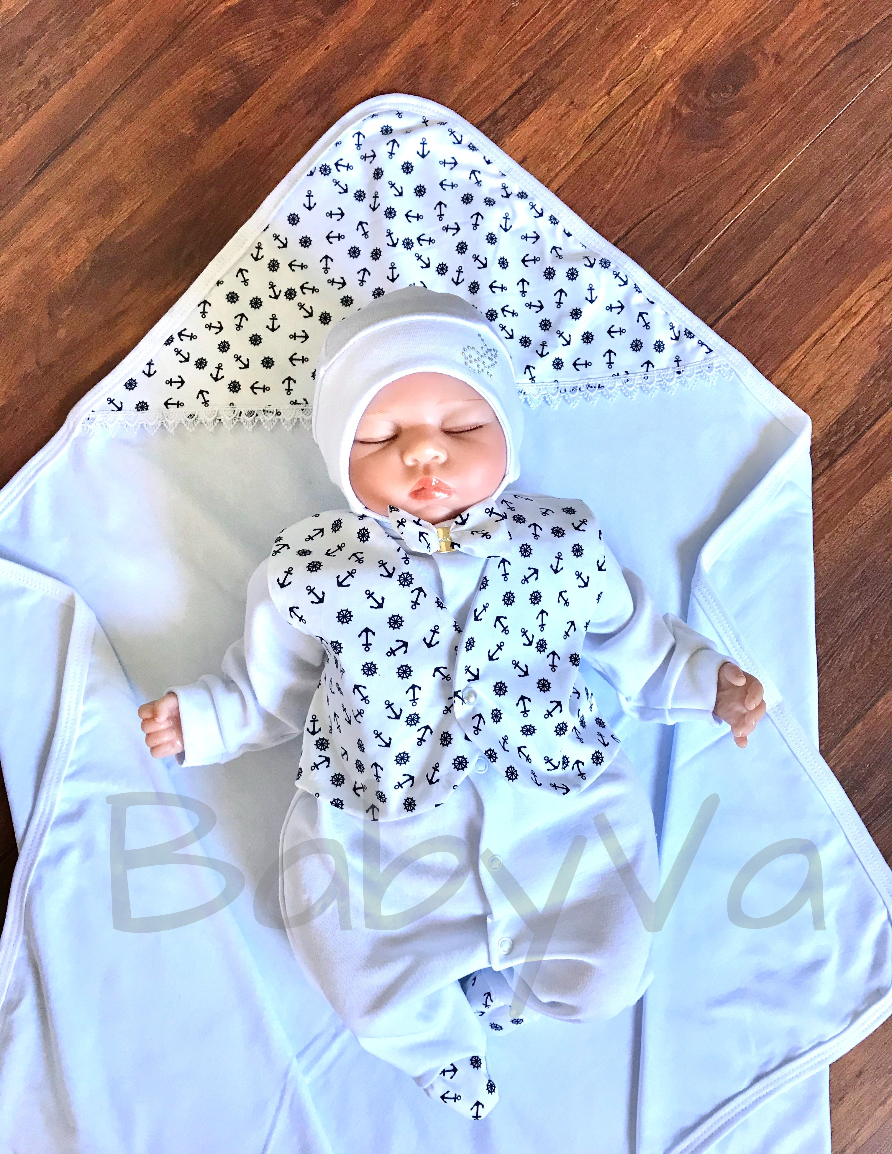 

Набор на выписку из роддома Baby Va 4 предмета "Морячок" 56 р