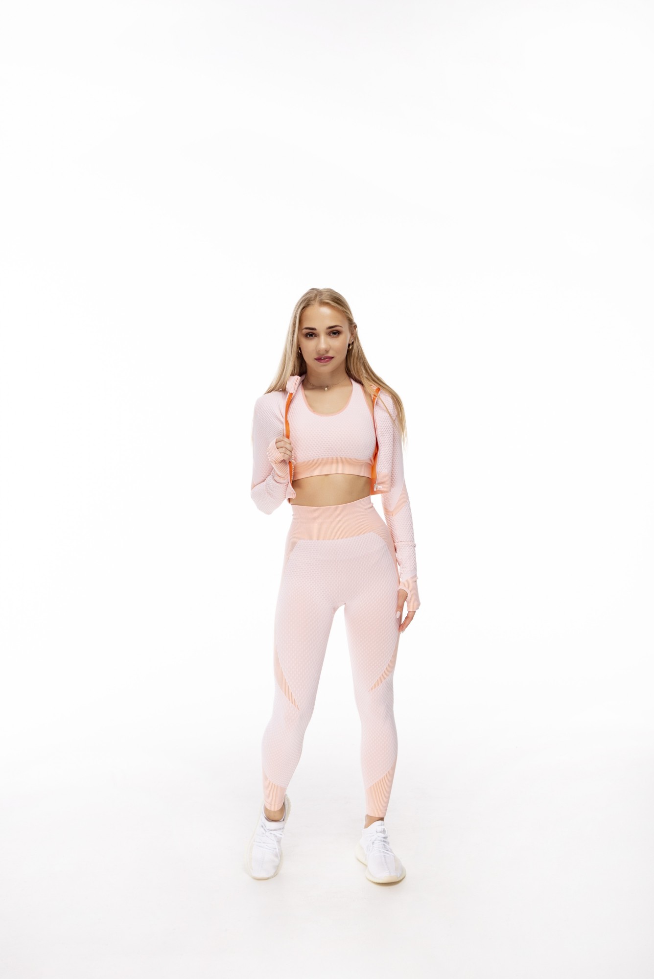 

Бесшовный костюм для фитнеса (леггинсы + рашгард + бра) Fitqode F02 S Персиковый