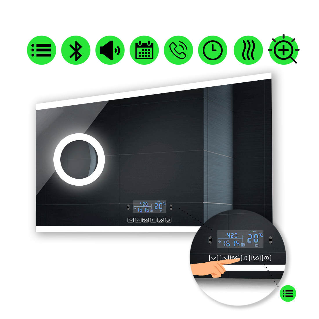 

Зеркало Ines с Led-подсветкой, мультиблоком, линзой с подсветкою и подогревом 80x60 см