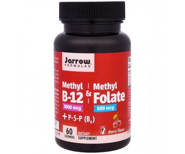 

Вітамін В9 Метилфолат і метил B-12 Methyl B-12 & Methyl Folate Jarrow Formulas вишня 5000 мкг / 800 мкг 60 льодяників (JF044)