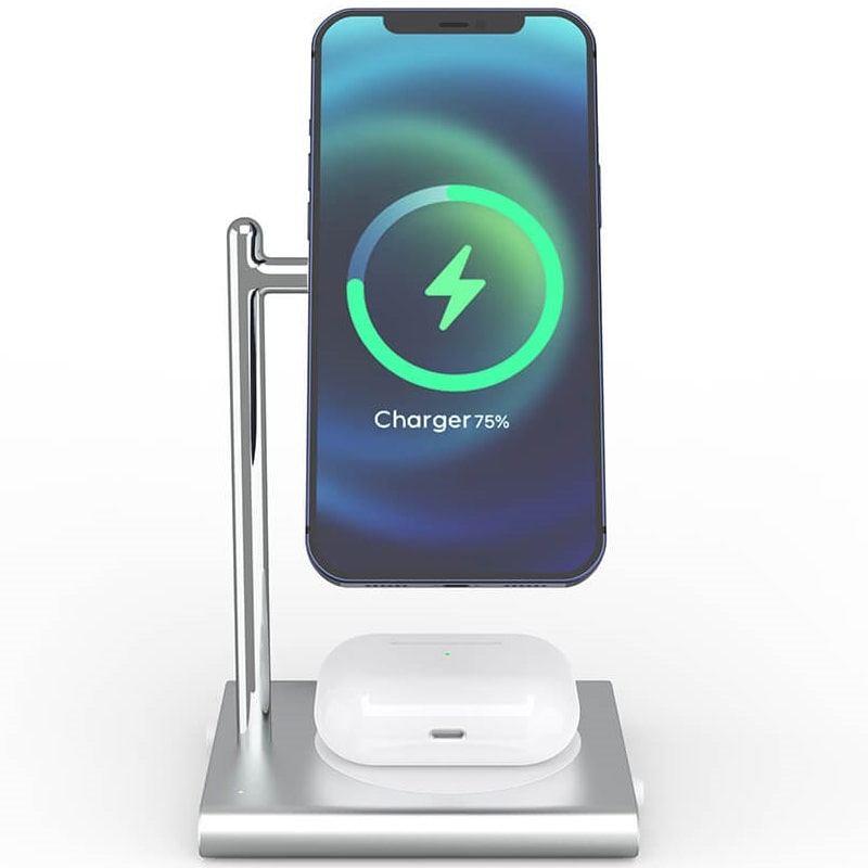 

Беспроводное зарядное устойство 2 в 1 MagSafe док станция Magnetic Wireless Charging Stand для iPhone 12, 12 Pro, 12 Pro Max, 12 Mini, AirPods Серебристый