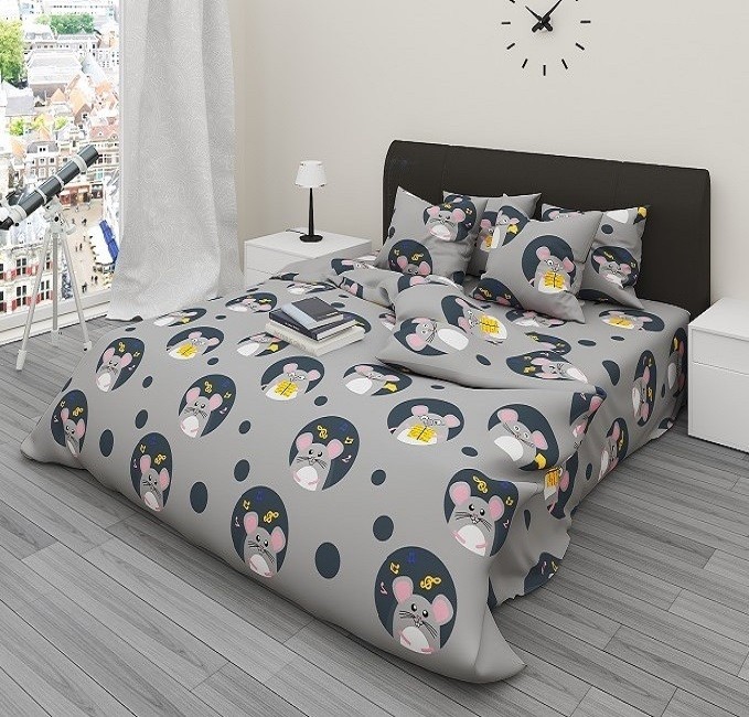 

Комплект постельного белья Сырные мышки серые CottonTwill 150х220 см 1.5-спальный Ранфорс (ДР099-2)