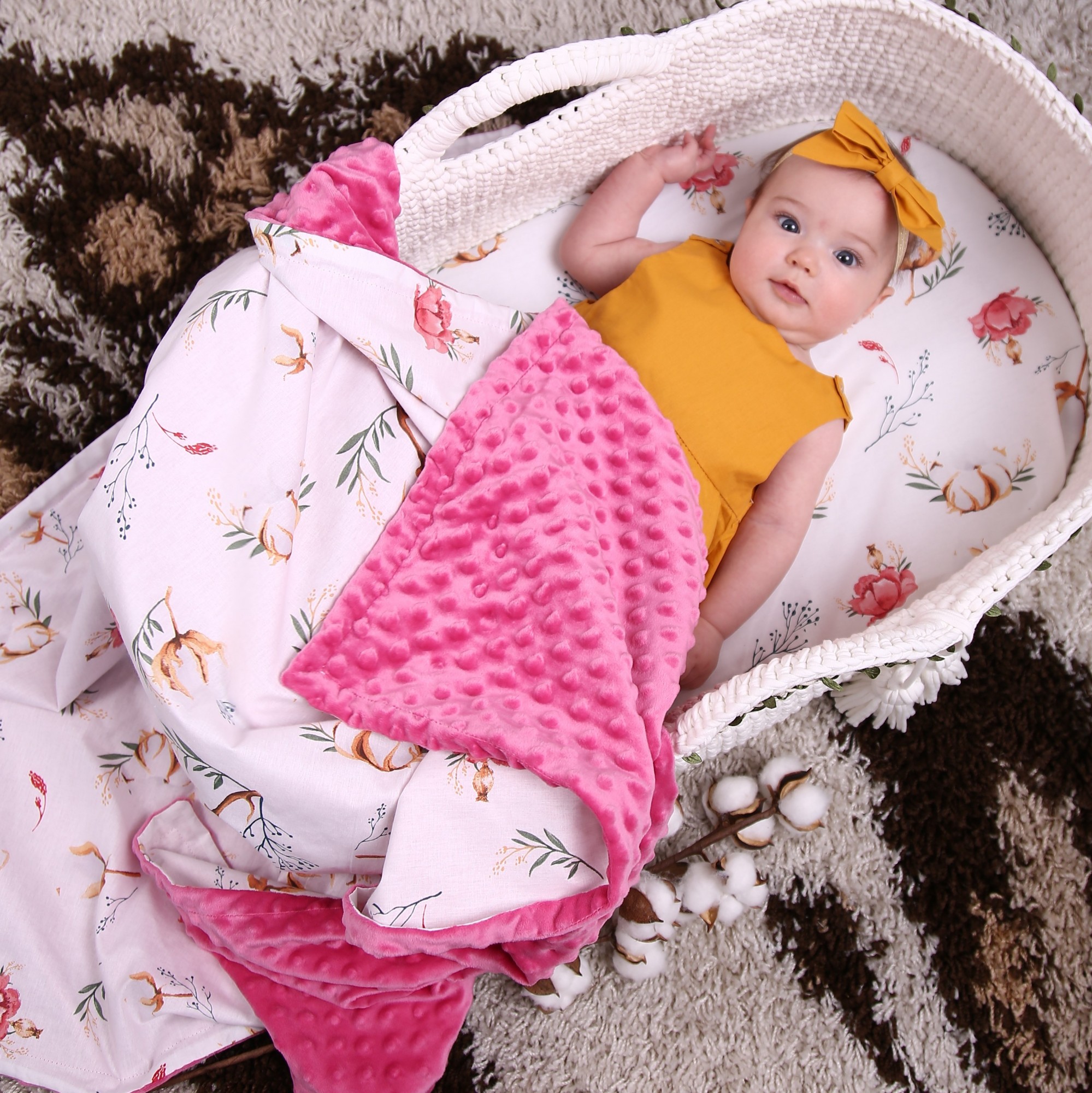 

Плед и наматрасник для люльки MammyDo Cotton Flower розовый из хлопка и плюша