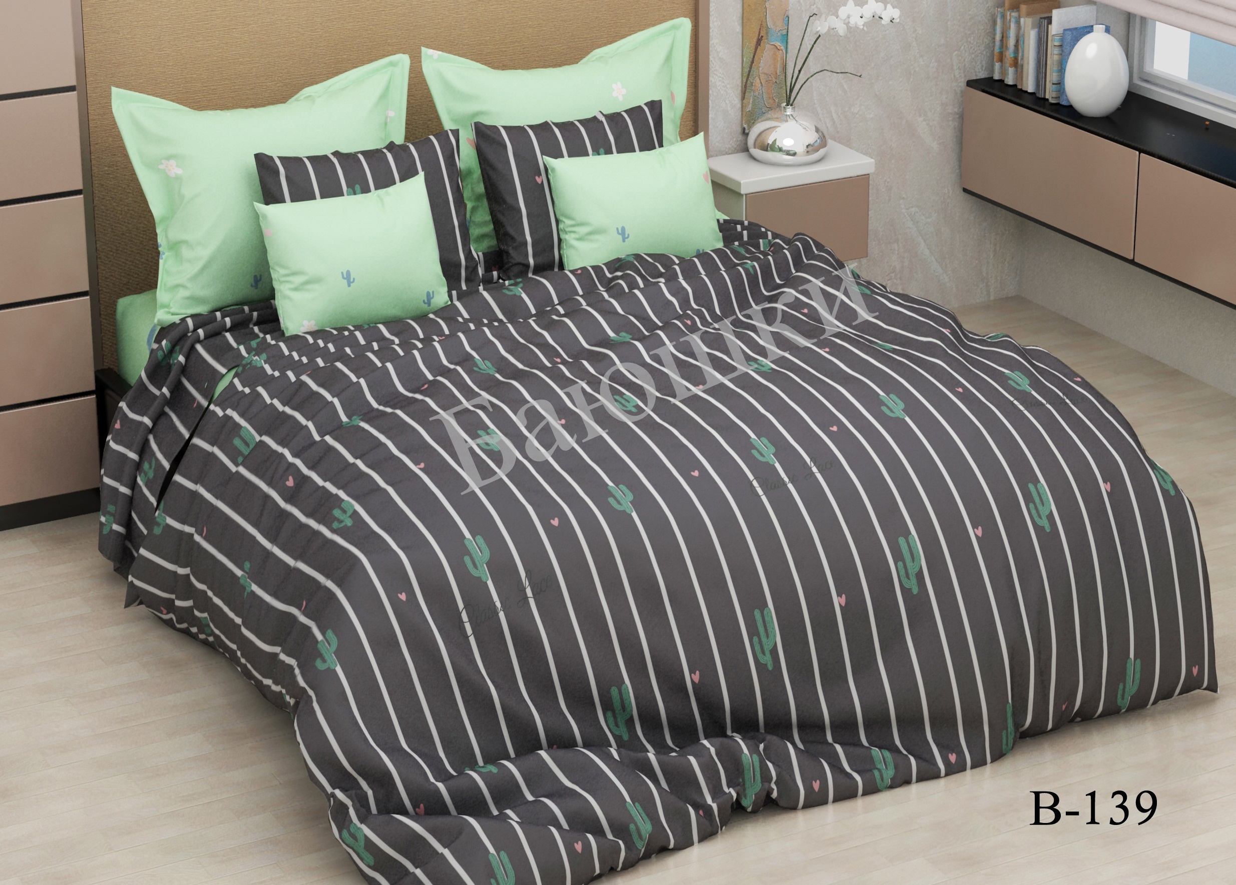 

Комплект постельного белья Баюшки Бязь Light Кактусы полоска евро B-139