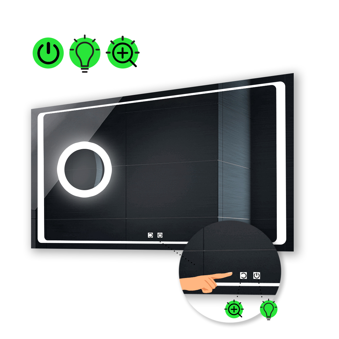 

Зеркало Emma с Led-подсветкой, двумя сенсорными выключателями, лизной с подсветкой 80x70 см