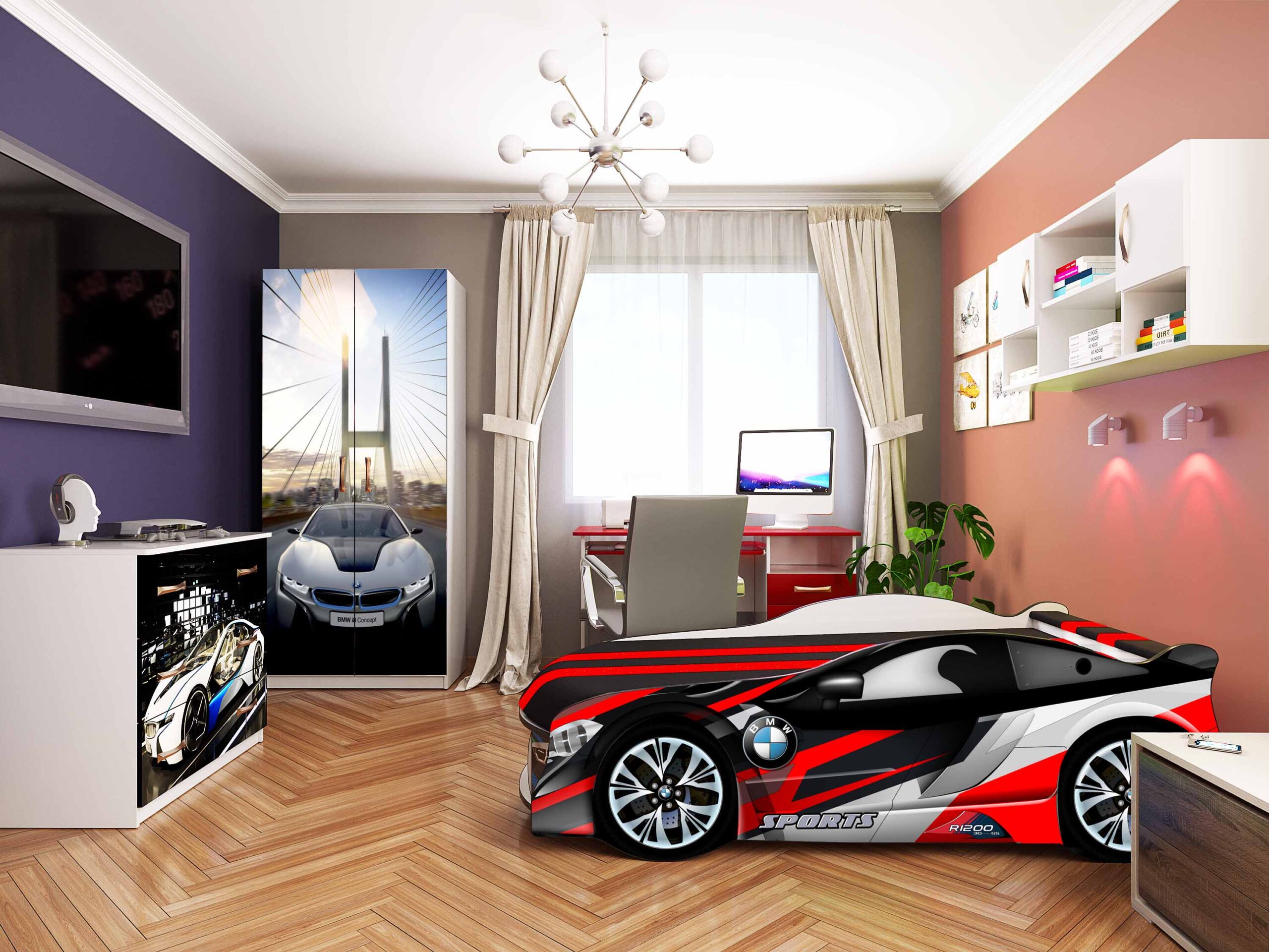 

Кровать машина Viorina Deko БМВ Космос с подъемным механизмом, подсветкой фар и низа 180х80 Серый с красным