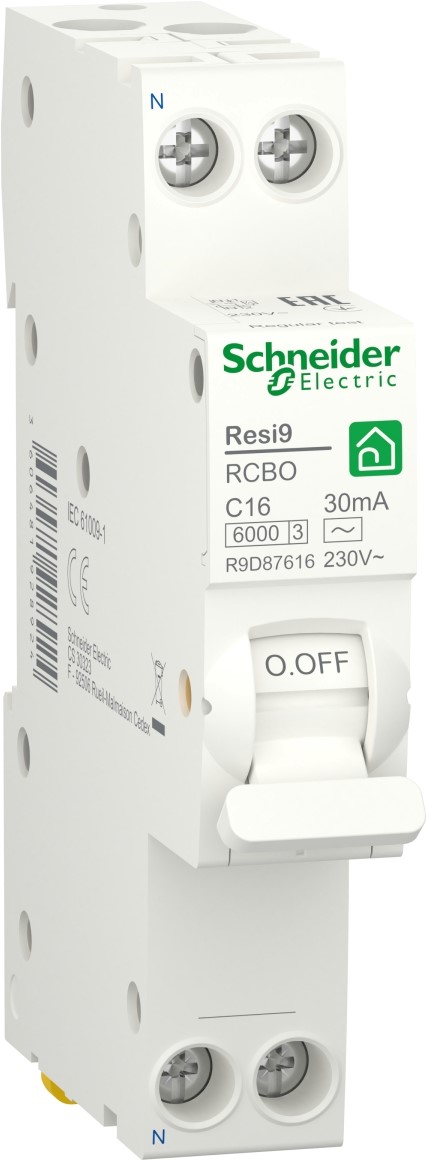 

Компактний диференційний автоматичний вимикач Schneider Electric RESI9 16 А, 30 мА, 1P + N, 6 кА, крива С, тип АС