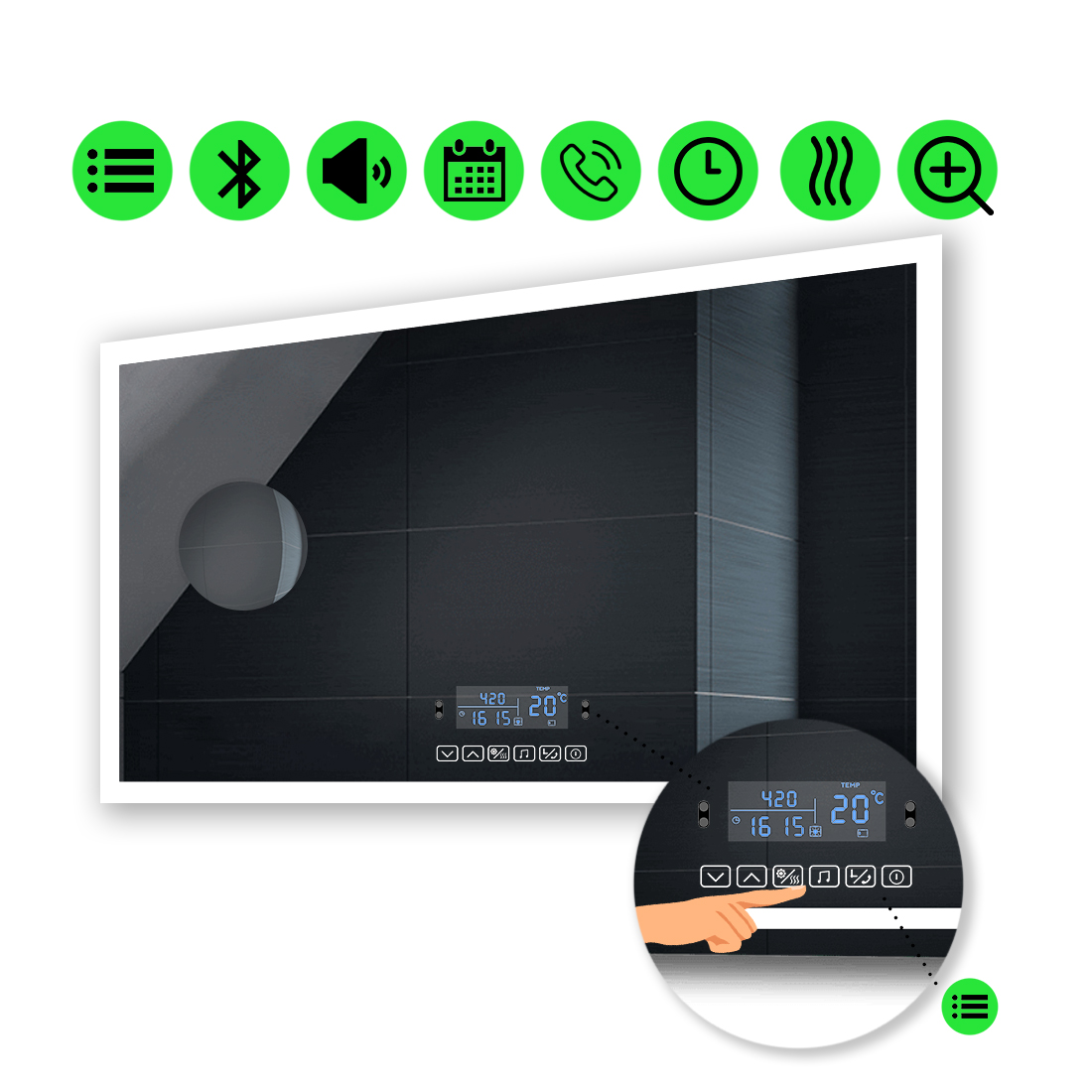 

Зеркало Simphony с Led-подсветкой,с мультиблоком, линзой без подсветки, подогревом 140x90 см