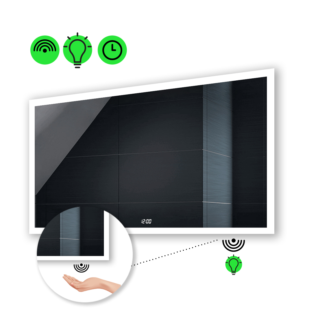 

Зеркало Simphony с Led-подсветкой, ИК включателем, часами 100x80 см
