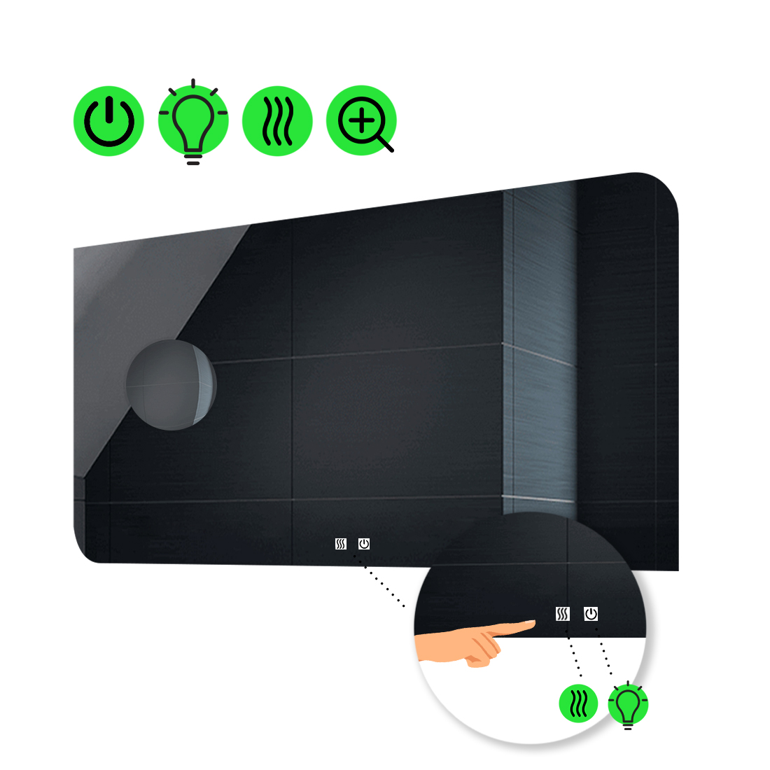 

Зеркало Simona с Led-подсветкой, двумя сенсорными выключателями, подогревом, линзой без подсветки 90x80 см