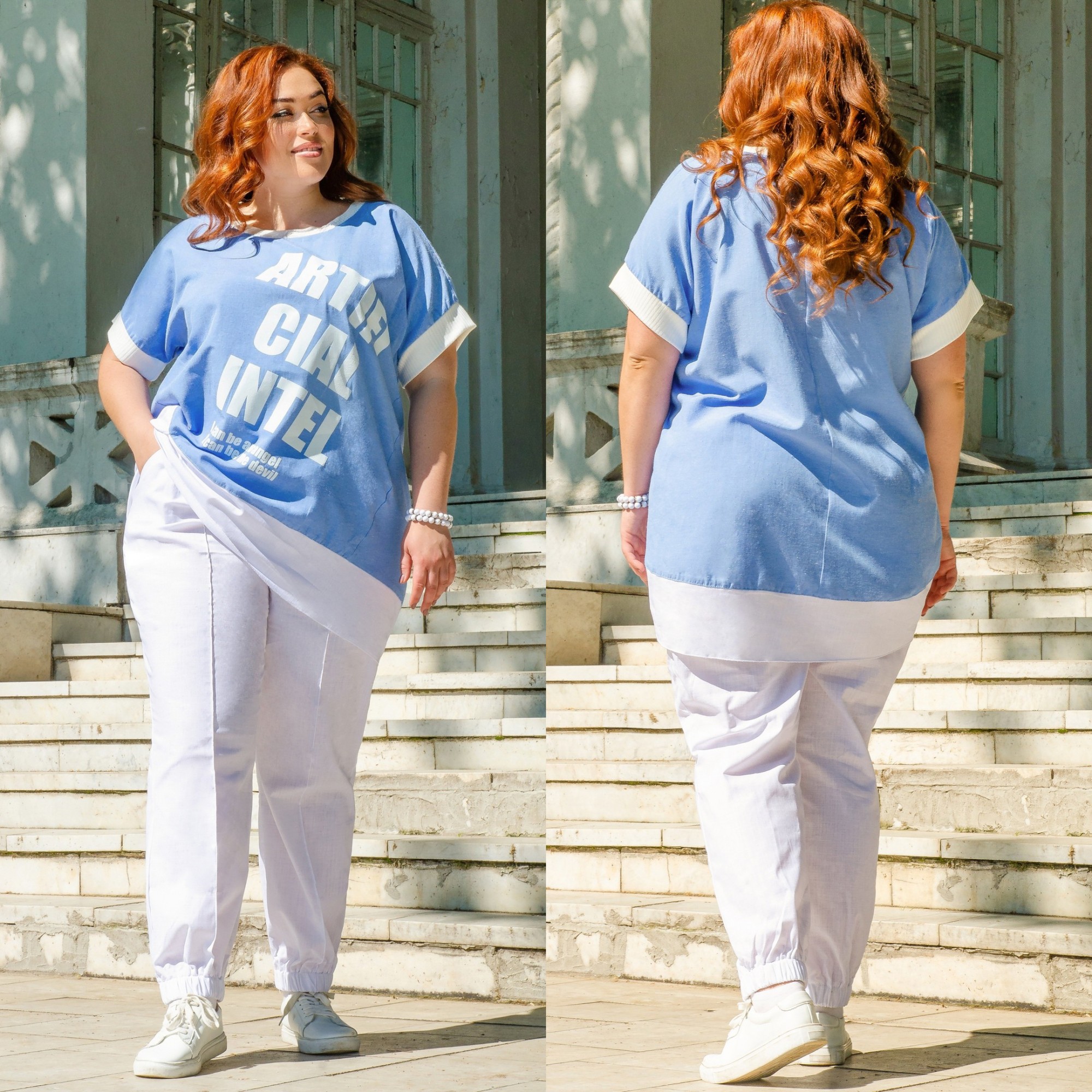 

Льняной летний брючный костюм 2XL-3XL (-) голубой с белым, Льняной летний брючный костюм 2XL-3XL (56-58) голубой с белым