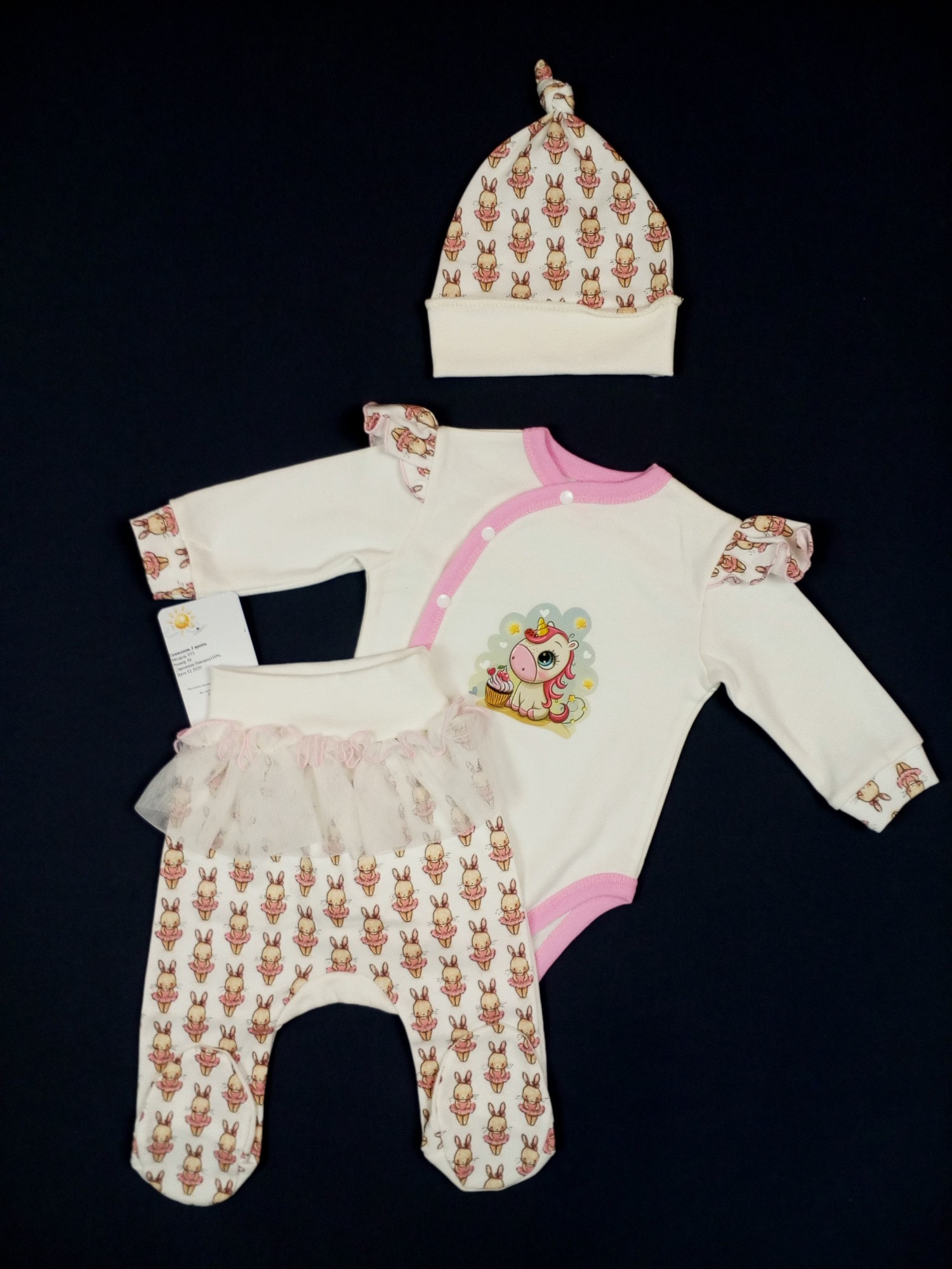 

Комплект боди + ползунки + шапочка HappyTot Единорожка 62см молочный 973