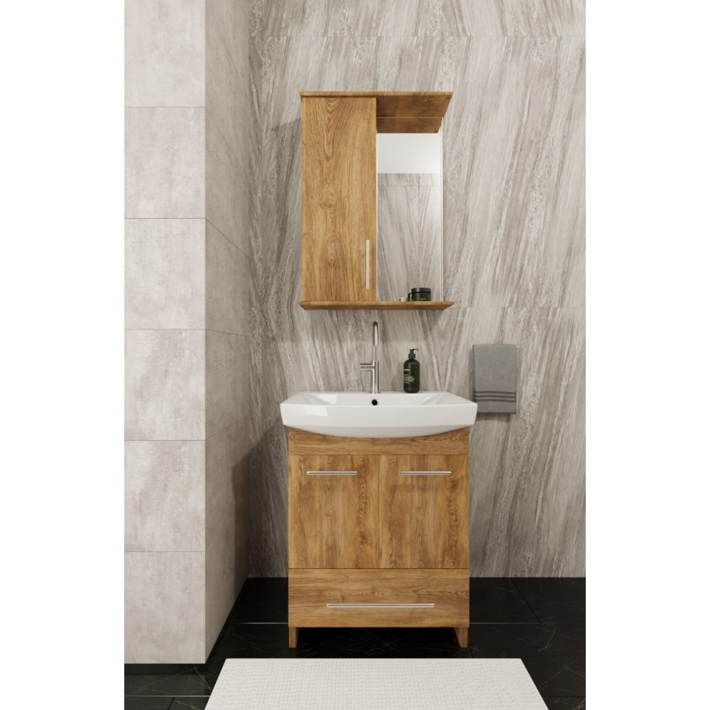 

Комплект Mikola-M пластиковый 2.0 золотой дуб с нижним ящиком и умывальником + зеркало правое 80 см