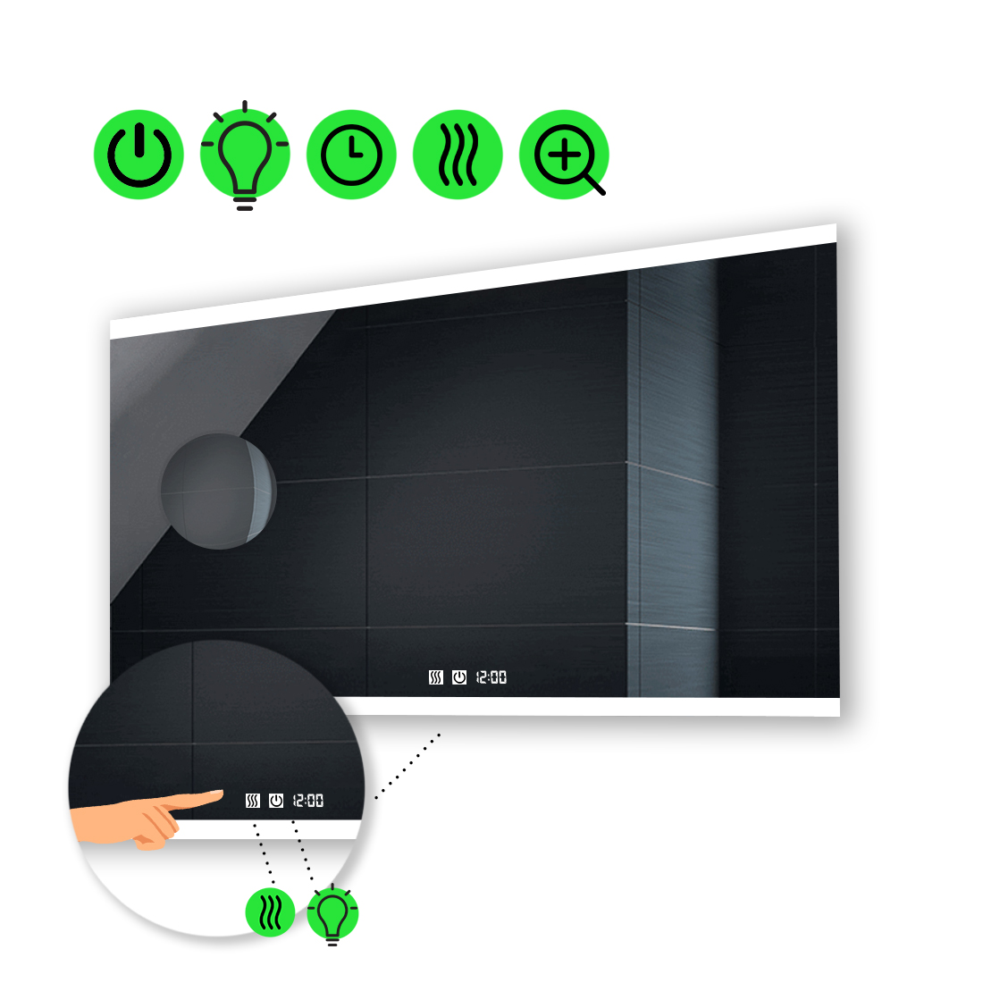 

Зеркало Ines с Led-подсветкой, с двух канальными сенсорами, подогревом, линзой без подсветки 100x60 см