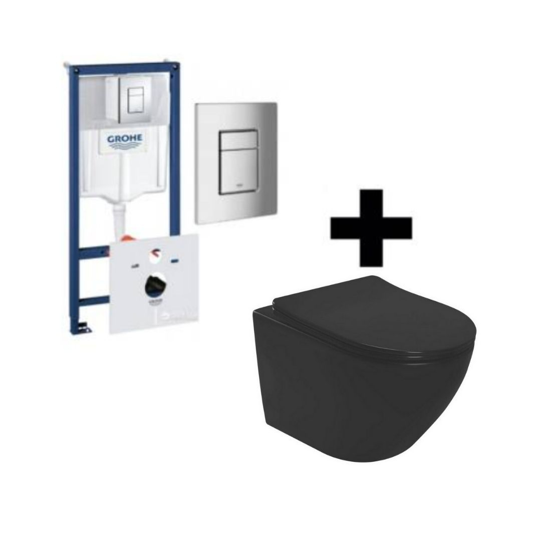 

Инсталляция GROHE COSMOPOLITAN + унитаз MEXEN LENA RIMLESS чёрный матовый + крышка-сидение SLIM bl + панель смыва Skate Cosmopolitan хром