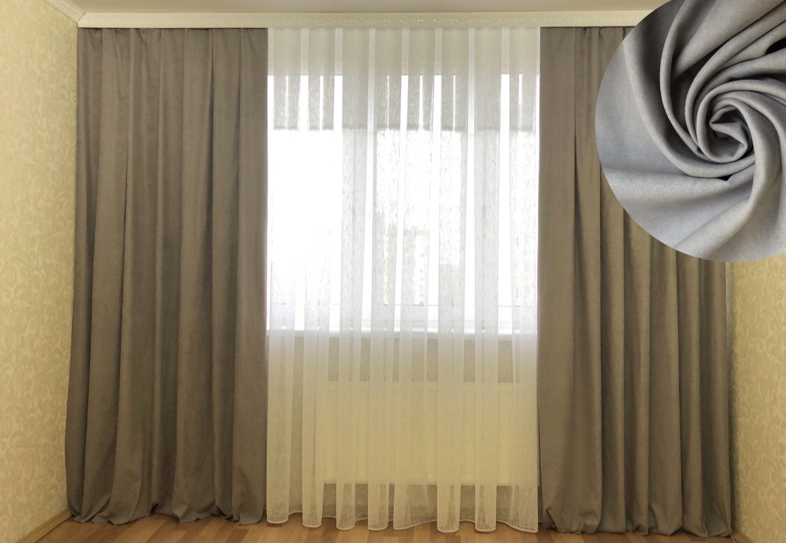 

Комплект штор и тюли. Шторы замш пепельно-серые 250*250 (2шт). Тюль лён белый 600*250 (1шт)