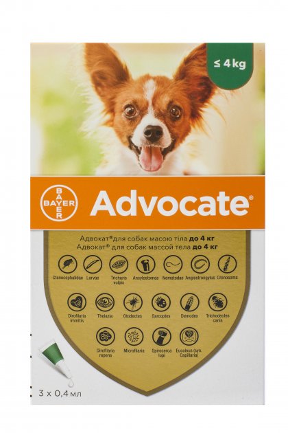 

Капли от блох, отодектоза, саркоптоза, демодекоза Bayer Advocate для собак до 4 кг 1 пипетка