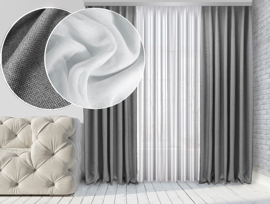 

Комплект тюль и шторы Di&Di Натюрель Лен-Блекаут 250х260 2 шт Серые Тюль Лен Лайт 600х260 Белый