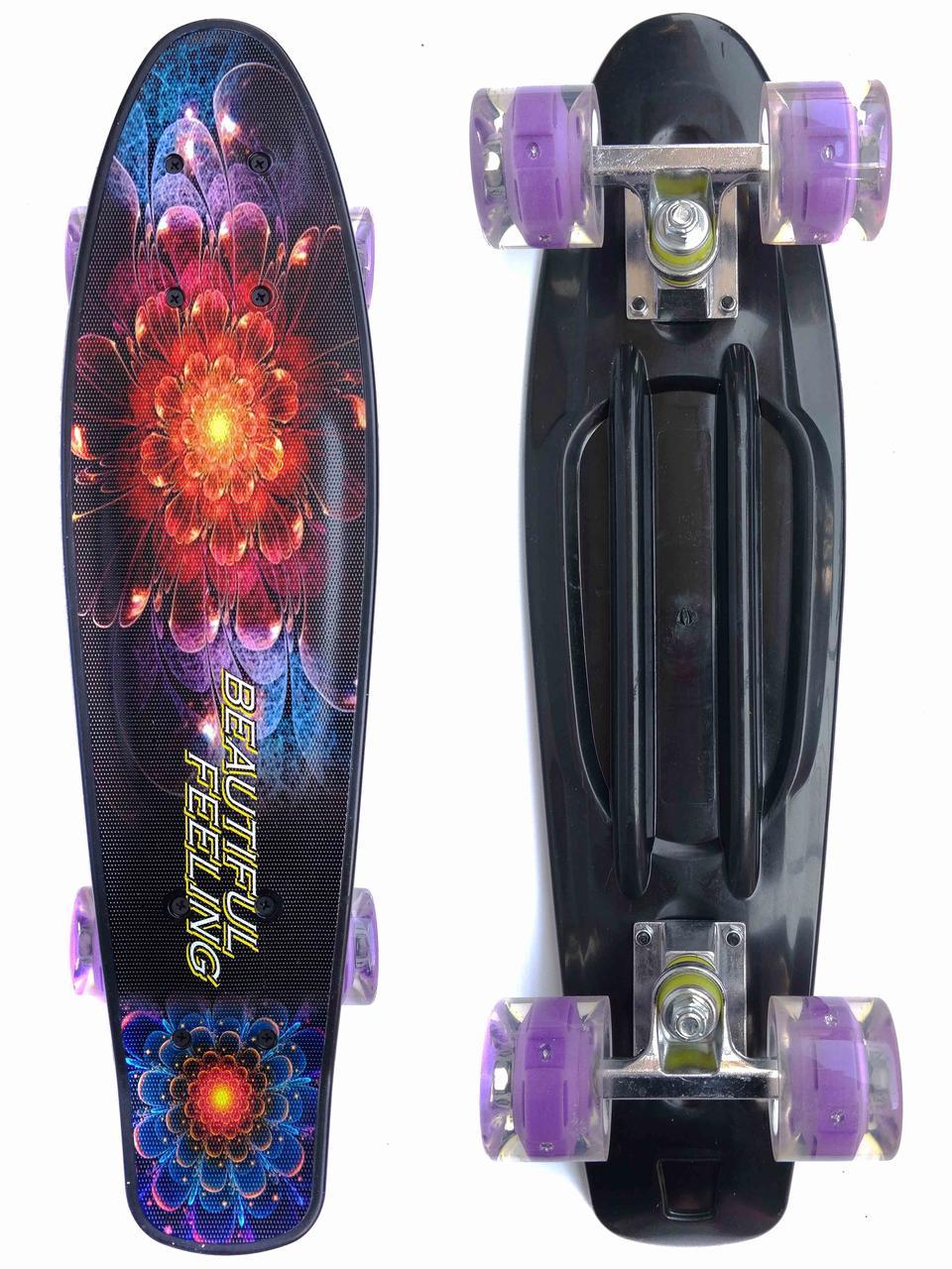 

Скейт пенни борд Tilly Penny Board Cruiser Profi 881 Фиолетовый с принтом и со светящимися колесами