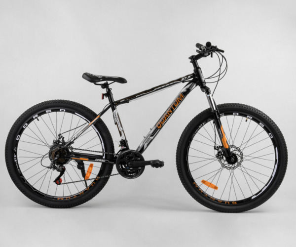 

Велосипед спортивный CORSO QUANTUM 11593, 27.5 дюймов, стальная рама 17.5 дюймов, 21 скорость, Черно-оранжевый